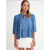 MixRay Denimachtige Gerimpelde Ballonmouw Blouse