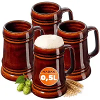 Kadax Keramische bierpul, bierpul van keramiek, vaatwasmachinebestendig biertouw met handige handgreep, steenkruik voor wijn, bier, glühwein en vloeibare honing (4, 500 ml)
