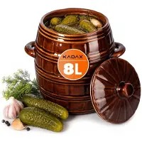 Kadax Steengoedpan, keramische pot met zijgrepen en deksel, vaatwasmachinebestendige steengoedpan, handgemaakte fermentatiepot van keramiek, inlegpan voor komkommers (8 liter)