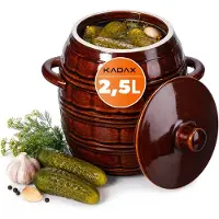 Kadax Steengoedpan, keramische pot met zijgrepen en deksel, vaatwasmachinebestendige steengoedpan, handgemaakte fermentatiepot van keramiek, inlegpan voor komkommers (2,5 liter)