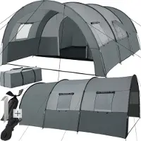 TecTake Tunneltent voor 6 personen - 480 x 350 x 195 cm - Familietent op stahoogte - Voortent - Campingtent grote slaapcabine met grondzeil - 4 ramen - Waterafstotend - donkergrijs/lichtgrijs