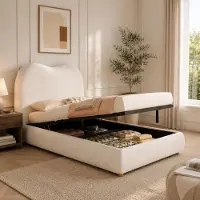 Flieks hydraulisch verstelbaar bed met stoffen bekleding, 90x200 cm, met opbergruimte, kinderbed/enkelbed met gestoffeerd hoofdeinde, bed met opbergruimte, bouclé stof, beige