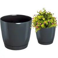 Prosperplast Ronde bloempot van Coubi met schotel, grafietkleurig, 18x16,5 cm