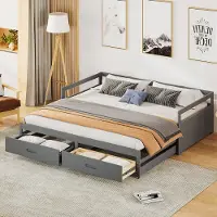 OKWISH Uittrekbaar Slaapbank 90x200 cm - Wordt 180x200 cm - Met 2 Laden - Eenvoudige Montage - Grenenhout - Grijs - Zonder matras