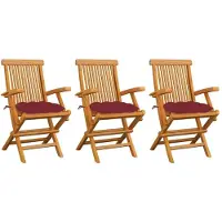 vidaXL Tuinstoelen 3 st met wijnrode kussens massief teakhout