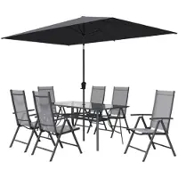 NATERIAL - Tuinset OVION - Rechthoekige tafel 168x88x73 cm - 6 inklapbare stoelen - 1 parasol 293x300 cm - Materiaal: aluminium, staal, glas, Textilene - Kleur: antraciet - Tuinmeubelen