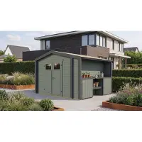 Weka Tuinhuis Killarney, 350x300 cm, groen-grijs, 28 mm dik, met plantentafel en zijuitbouw