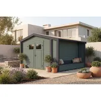 Weka Tuinhuis Killarney, 350x300 cm, groen-grijs, 28 mm dik, met zitbank en zijuitbouw