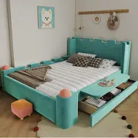 STILVORA Gestoffeerd Bed 140x200 cm – Kasteelontwerp Met Opklapbaar Zijschap – Met Opberglade – Voor Kinderen – Hout En Stof – Blauwgroen – Zonder matras