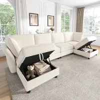 STILVORA Modulaire bank, vrij combineerbaar als hoekbank, zachte "Cloud"-bank, 6-persoonsbank met opbergkrukje en 2 armleuningkussens, chenille, beige