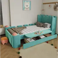 STILVORA gestoffeerd bed 90x200 cm met opberglade en uitslaande nachtkastje, kinderbed met zachte, antival-randen, tweepersoonsbed, fluweel, blauwgroen