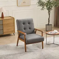 OKWISH Comfortabele fauteuil met notenkleurige armleuningen, fauteuil met gestoffeerde rugleuning, loungefauteuil voor woonkamer of balkon, grijs