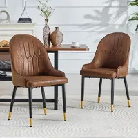 STILVORA Eetkamerstoel Set van 2 - Bruin - Technologie-Stof - Met Armleuning En Gouden Details - Voor Keuken, Café En Horeca - Metalen Frame