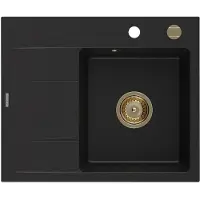 Mexen Ben granitische spoelbak 1-komoers met afdruiprek, rechts 600 x 500 , zwart, gouden sifon - 6523605000-77-G