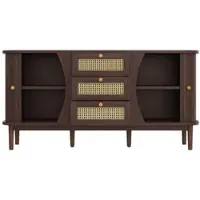 OKWISH Dressoir – Rattanlades – Verstelbare Legplanken – 140,5×40×76 cm – 3 Lades – Ruim Opbergmeubel – Afgeronde Randen – Spaanplaat Naturel