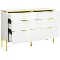 OKWISH Dressoir – Wit-Goud Modern – 6 Laden Met Hoogglans Fronten – 120x40x85,5 cm – Spaanplaat – Groot Opbergruimte Voor Woonkamer/Eetkamer/Hal