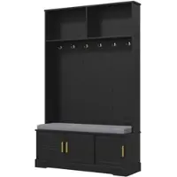 OKWISH Garderoberek Met Schoenenbank - 6 Haken - Open Schoenvak - 120x40x191 cm - Spaanplaat Zwart - Modern Minimalistisch - Met Kantelbeveiliging