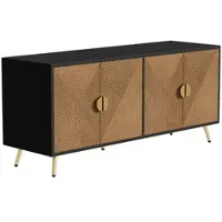 OKWISH Dressoir – 160x40x75 cm – 4 Deuren – Zwart+Bruin Structuur Deuren Met Geborstelde Gouden Grepen – MDF;Spaanplaat – Modern Woonstijl