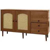 OKWISH Dressoir – Landhuisstijl – Rattan Deuren – Verstelbare Legplanken – 130x40x75,5 cm – 2 Deuren – Magnetische Sluitingen – Spanplaat Bruin
