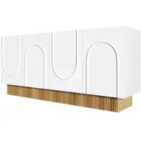 OKWISH Sideboard – U-Relief – 4 Deuren 4 Vak – 160x38x75 cm – Opbergruimte Voor Woonkamer/Eetkamer – Matte Front Met Houtstructuur – Spaanplaat Wit+Bruin