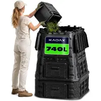 Kadax Compostbak, zwarte compostinstallatie, snelcompostbak van kunststof, weerbestendige thermocompostbak met inklapbaar deksel (740 l)