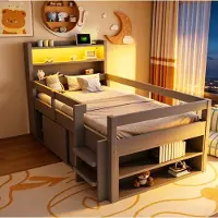 OKWISH Halfhoogslaper 90x200 cm - Kinderbed Met LED-Verlichting en USB-Aansluiting - Met Opbergruimte en Schuifdeurkasten - Zonder Matras - Hout - Grijs