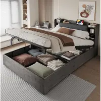 STILVORA Bed 180x200 cm – Hydraulische Opbergruimte Met Hoofdbordvakken En USB En Tape-C-Aansluiting – Tweepersoons MDF – Grijs – Zonder Matras