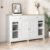 OKWISH Dressoir - 120 x 37 x 80 cm - 4 Deuren, 2 Lades en Glazen Deuren - Verstelbare Planken - Landelijke Stijl - MDF Wit Houtkleur