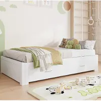 OKWISH Houten Slaapbank 90/180 x 190 cm – Uitgeschoven Bed Met 2 Lades – Lattenbodem – Kleine Ruimte – Minimalistisch – Wit – Zonder Matras