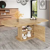OKWISH Eettafel - Uitschuifbaar Ovaal Model - Met Opbergruimte Voor Eethoek En Woonruimte - Spaanplaat En Metaal Eikenkleur - 140/200x80x75 cm