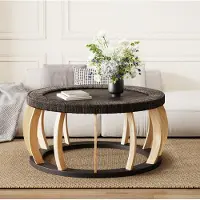 OKWISH Salontafel – Ronde Vintage Tafel Met Rotanlook – Voor Woonkamer, Eethoek En Keuken – Massief Hout En MDF Zwart Bruin – 90 cm