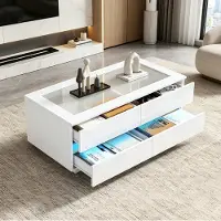 OKWISH Salontafel - 4 Lades - Met LED-Verlichting - Voor Woonkamer - Gehard Glas En Hoogglans Fronten - Spaanplaat Wit - 100x50x40 cm