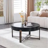 OKWISH Salontafel - Rond 68 x 36 cm - Zwarte Houtlook MDF Tafelblad - Met Metalen Kruispoot in Antiekbrons - Industriele Retro Stijl