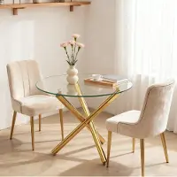 OKWISH Eettafel - Rond Gehard Glazen Tafelblad - 80 x 80 x 77 cm - Voor 2 Tot 4 Personen - Gouden Metalen Kruispoot - Modern