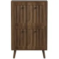 MODFU Schoenenkast - Verticaal Geribbeld - Met Kantelvakken - Retro - Voor Hal - MDF En Spaanplaat - Walnootkleurig - 60 X 24 X 95 Cm