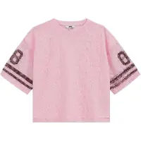 We fashion oversized gestreepte semi-transparante T-shirt met tekstprint - roze Meisjes Polyester Ronde hals - maat 122/128
