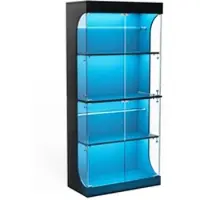 OKWISH Vitrinekast – 4 Niveaus Met Ledverlichting En Oplaadpunt – Voor Woonkamer En Slaapkamer – Glas Zwart – 80x35x165 cm
