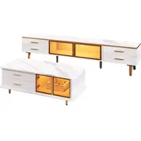 STILVORA TV-Meubel En Salontafel - Marmerlook Met Bruin Gehard Glas - Golfstructuur Lade, Variabele LED - Spaanplaat - 170x37x47,5 Cm / 100x50x40 Cm - Wit