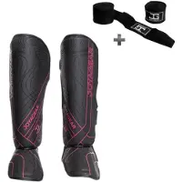 Joya ESSENTIAL Scheenbeschermers – Kickboksen/Muay Thai/MMA – Zwart/Roze – Maat L – Ergonomische pasvorm, schokabsorberende padding – Inclusief Bandage
