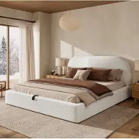 OKWISH Gestoffeerd Bed 160x200 cm - Hydraulisch Opbergbed Met Lattenbodem - Grote Opbergruimte - Tweepersoons - Bouclestof - Beige - Zonder Matras