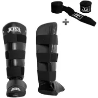 Joya “PU DE LUXE” Scheenbeschermer – Kickboksen/MMA/Muay Thai – PU Kunstleer – Zwart – XL – incl. Bandage