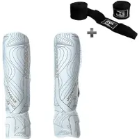Joya ESSENTIAL Scheenbeschermers – Kickboksen/Muay Thai/MMA – Wit/Goud – Maat S – Ergonomische pasvorm, schokabsorberende padding – Inclusief Bandage