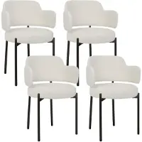 Puluomis eethoekstoelen, set van 4. Keukenstoelen, gestoffeerde stoelen met gebogen rugleuning en armleuningen, kleur: wit (bouclé)
