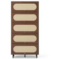MODFU - Opbergkast Met 5 Kleppen - Rotanlook - Modern - Voor Woonkamer Of Hal - MDF En Metaal - Walnootkleur - 80 X 40 X 163 Cm