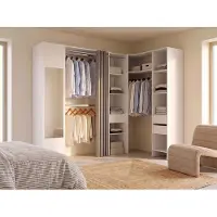 Vente-unique Hoekkledingkast met gordijn en 1 deur - Met spiegel - L231 cm - Wit en grijs - BERTRAND