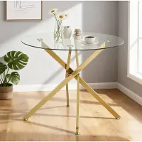 STILVORA Eettafel - Ronde Glazen Tafel Met Gouden Metalen X-Poot - Voor Eethoek En Kleine Ruimtes - Glas En Metaal - 80x80x76 Cm