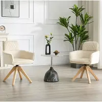 OKWISH Eetkamerstoel – 360° Draaibaar Met Armleuningen – Set Van 2 – Stof En Massief Hout – Wabi-Sabi Voor Eethoek Of Kantoor – Crèmewit