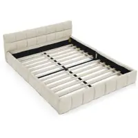 STILVORA Tweepersoonsbed 140x200 cm – Gestoffeerd met Zijdezacht Chenille – Eucalyptus Hout & IJzeren Frame – Zonder matras – Beige