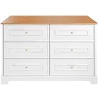 OKWISH Dressoir – 6 Lades – Schuurpatroon Met Gouden Knoppen – 120×40×76 cm – Opbergruimte Voor Woonkamer/Eetkamer/Hal – MDF Wit+Lichtbruin