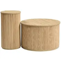 OKWISH Salontafel Set Rond Met 3D Lattenpatroon Voor Woonkamer MDF Naturel 60x60x38,5 En 30x30x56 Cm